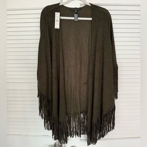White House Black Market Olive Open-Front Fringe Cardigan